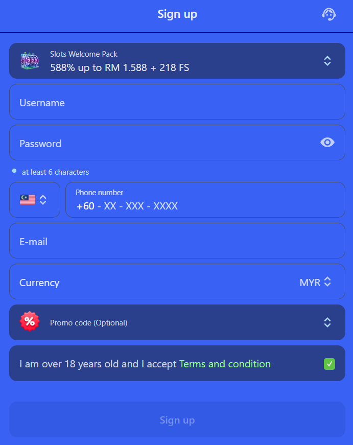 DK88 registration screen — create account